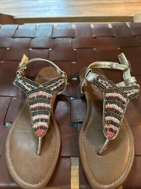 Madeline Stuart Beaded T-Strap Sandals in Brown and Pink
